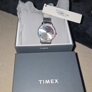 New Timex Silver Watch with Multicolor Accents